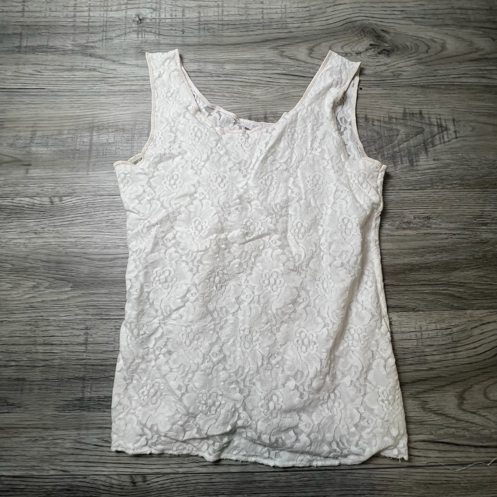 Ellen Ashley Tank Top Womens Large White Floral Lace Scoop Neck Made in USA